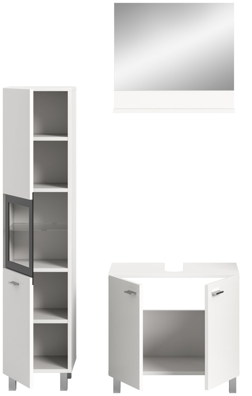 Badkombination BOSTON bestehend aus einem hohen Schrank mit Glastür, einem Unterschrank mit zwei Türen und einem Wandspiegel, frontal abgebildet.