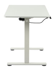 Moderner E-Schreibtisch in Weiß, seitliche Perspektive, mit höhenverstellbarem Gestell und Kabelmanagement.