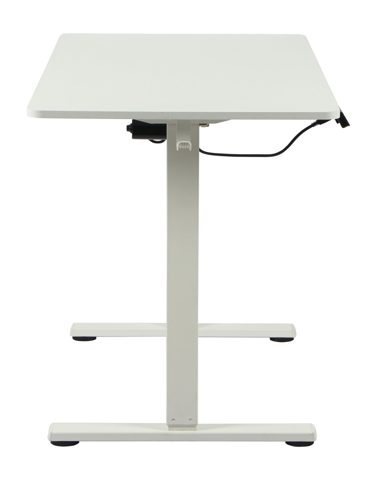 Moderner E-Schreibtisch in Weiß, seitliche Perspektive, mit höhenverstellbarem Gestell und Kabelmanagement.