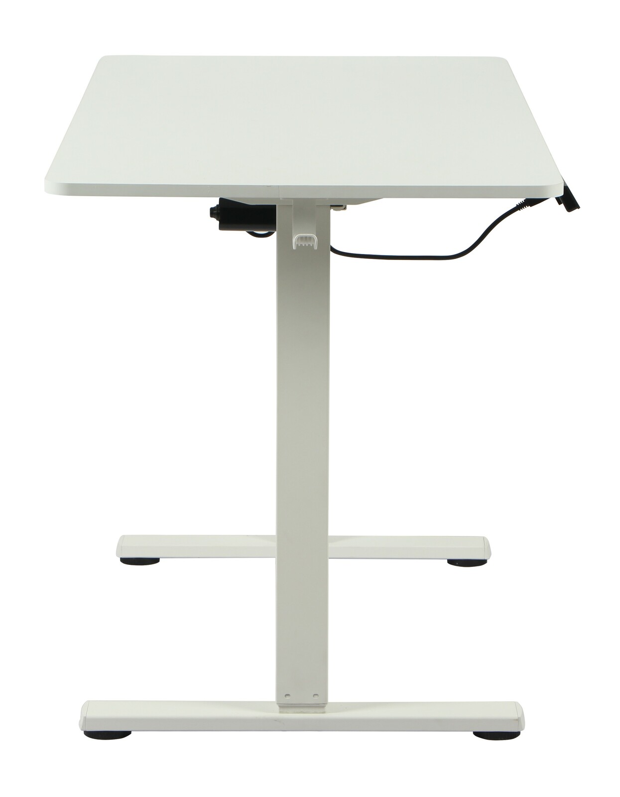 Moderner E-Schreibtisch in Weiß, seitliche Perspektive, mit höhenverstellbarem Gestell und Kabelmanagement.