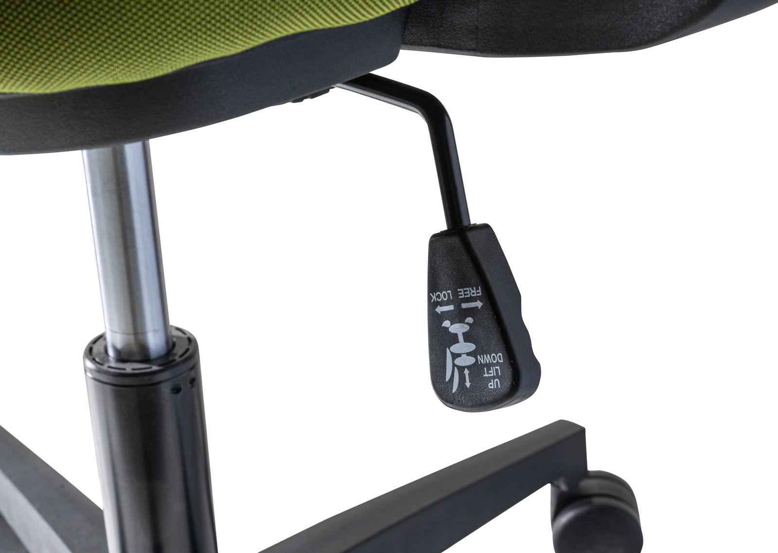 Nahaufnahme eines Drehstuhls mit grünem Sitzbezug, Hebel zur Höhenverstellung und Rollen, seitliche Perspektive.