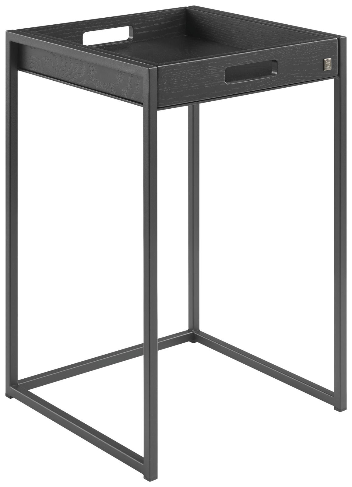 Moderner schwarzer Beistelltisch mit rechteckiger Form und erhöhtem Rand, seitliche Perspektive