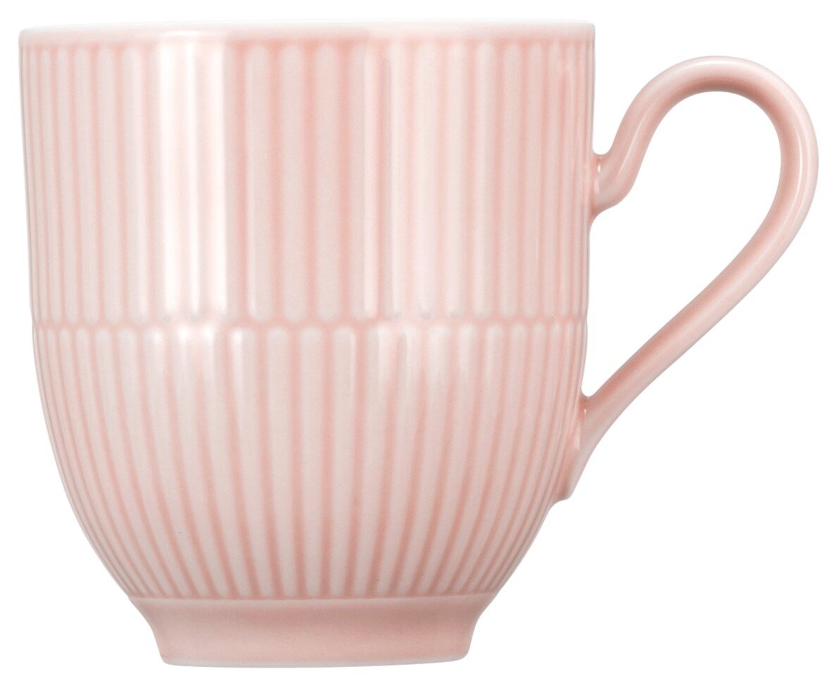 Rosa Kaffeebecher mit Henkel, geriffelte Oberfläche, seitliche Perspektive