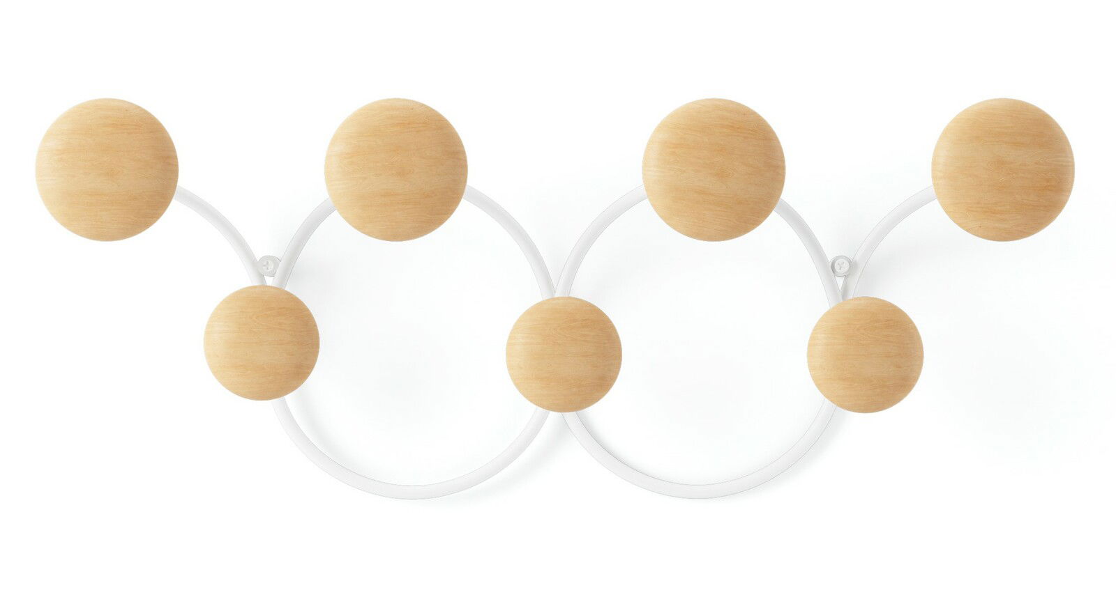 Vorderansicht der Wandgarderobe Umbra DOTSY mit runden Holzhaken auf weißem Hintergrund.