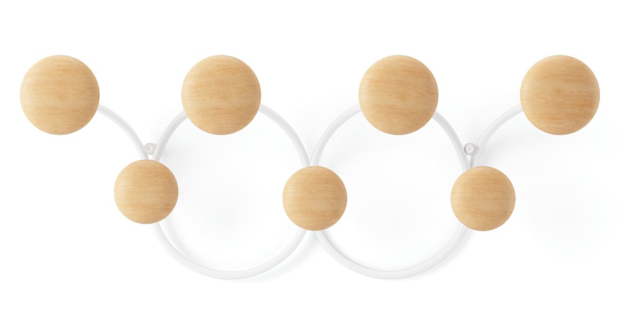 Vooraanzicht van de wandkapstok Umbra DOTSY met ronde houten haken op een witte achtergrond.