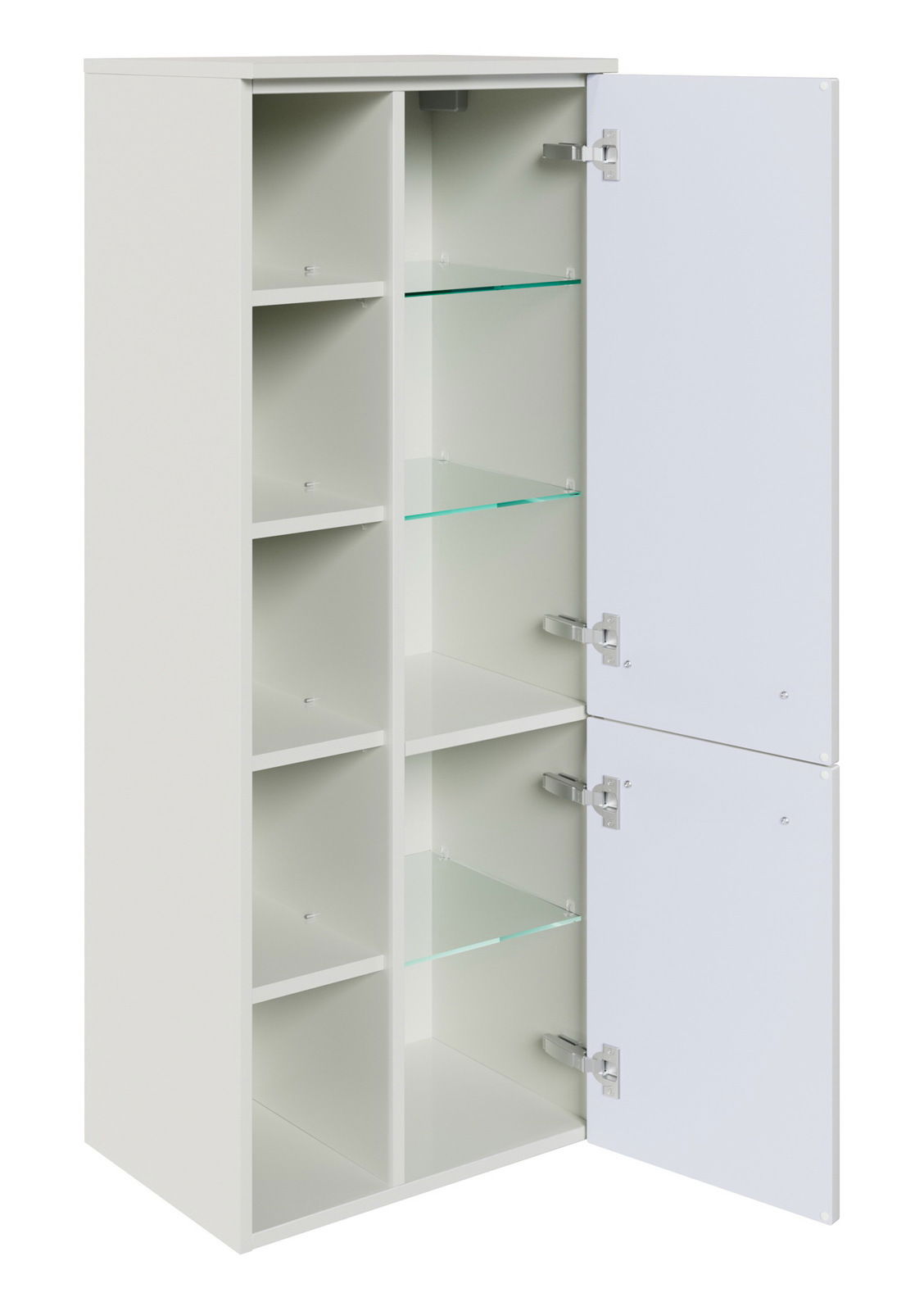 Sadena Midischrank PLAKA Weißer Midischrank mit offenen und geschlossenen Fächern, Tür geöffnet, seitliche Perspektive