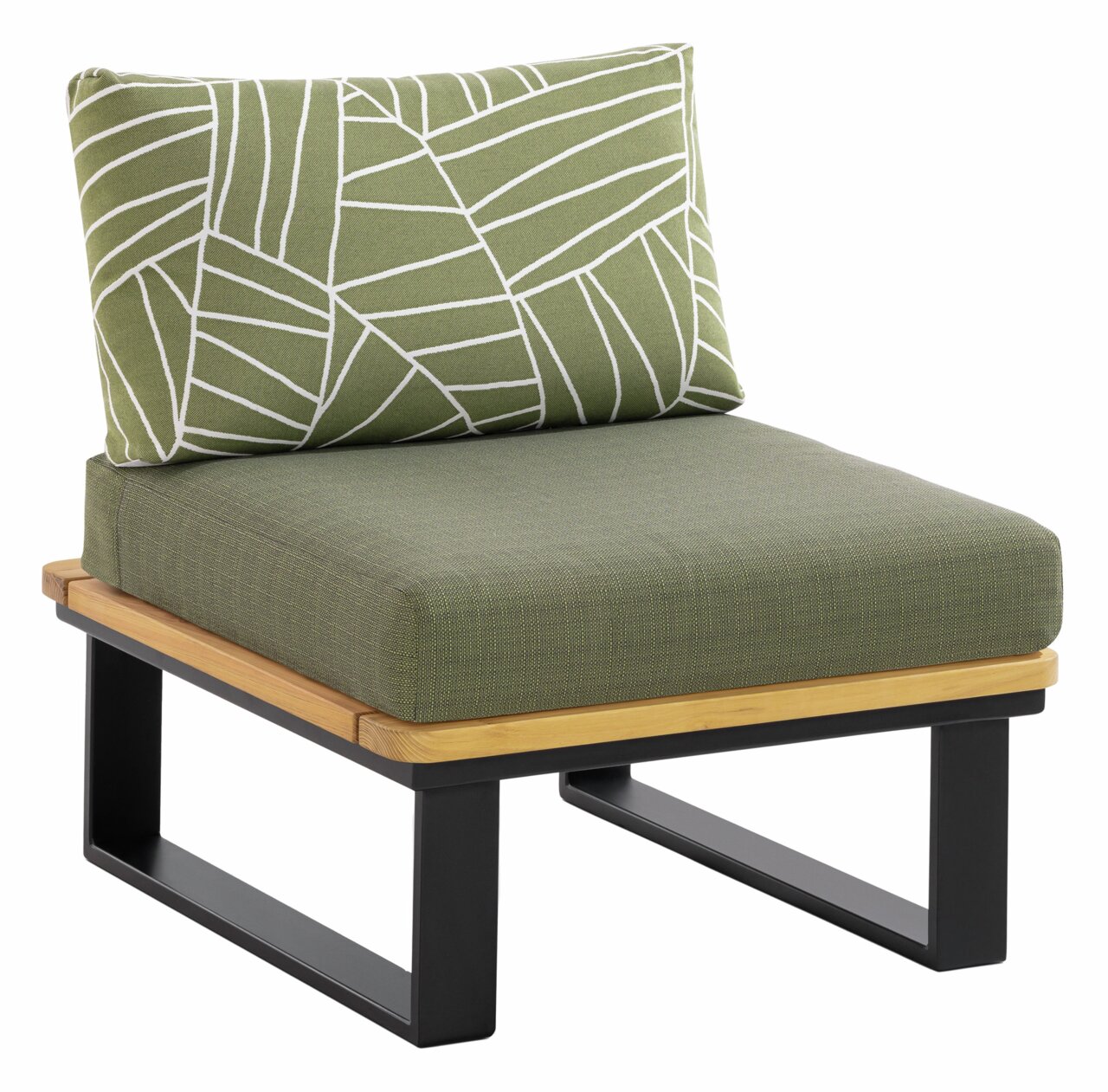Moderner Sessel mit grünem Kissen und geometrischem Muster, seitliche Perspektive
