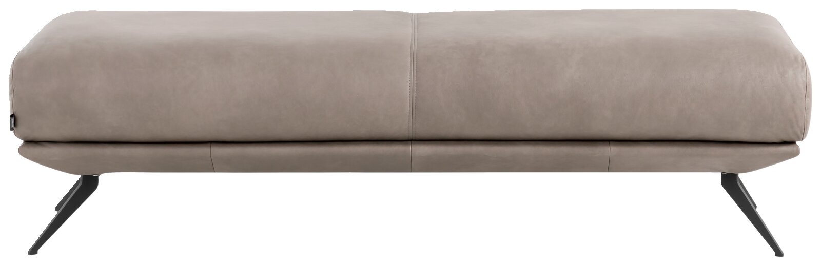 Moderne poef in beige met metalen poten, zijaanzicht