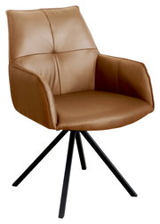 Brauner Armlehnstuhl mit schwarzem Metallgestell, seitliche Perspektive