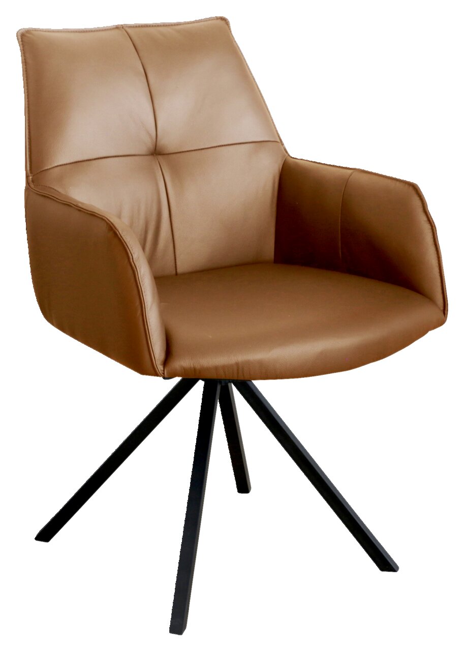 Brauner Armlehnstuhl mit schwarzem Metallgestell, seitliche Perspektive