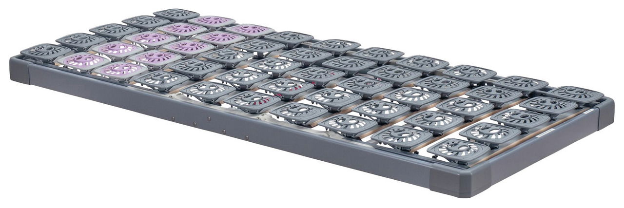 Systemrahmen 80x200 mit grauen und lila Federungselementen, seitliche Perspektive