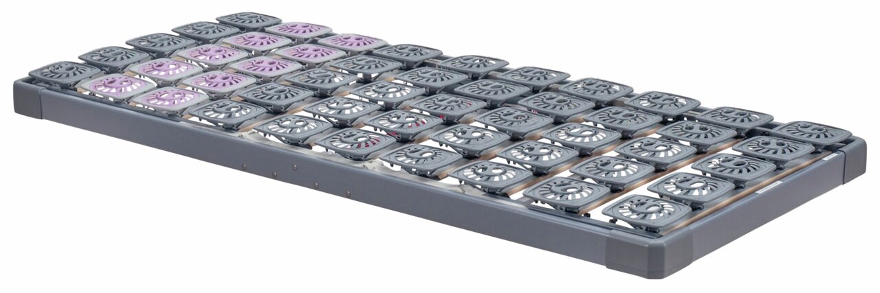 Systemrahmen 80x200 mit grauen und lila Federungselementen, seitliche Perspektive