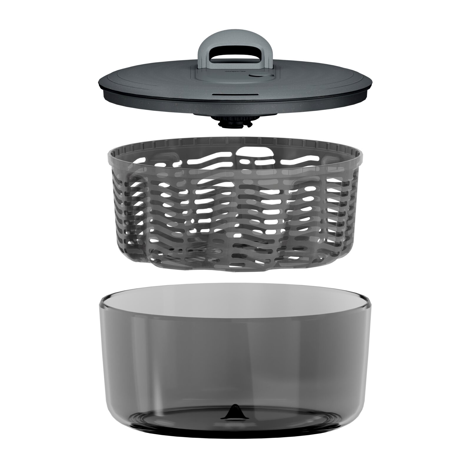 Exploded view (vooraanzicht) van een grijze ronde keukencontainer met transparante kom, geperforeerde inzetmand en deksel met handgreep.