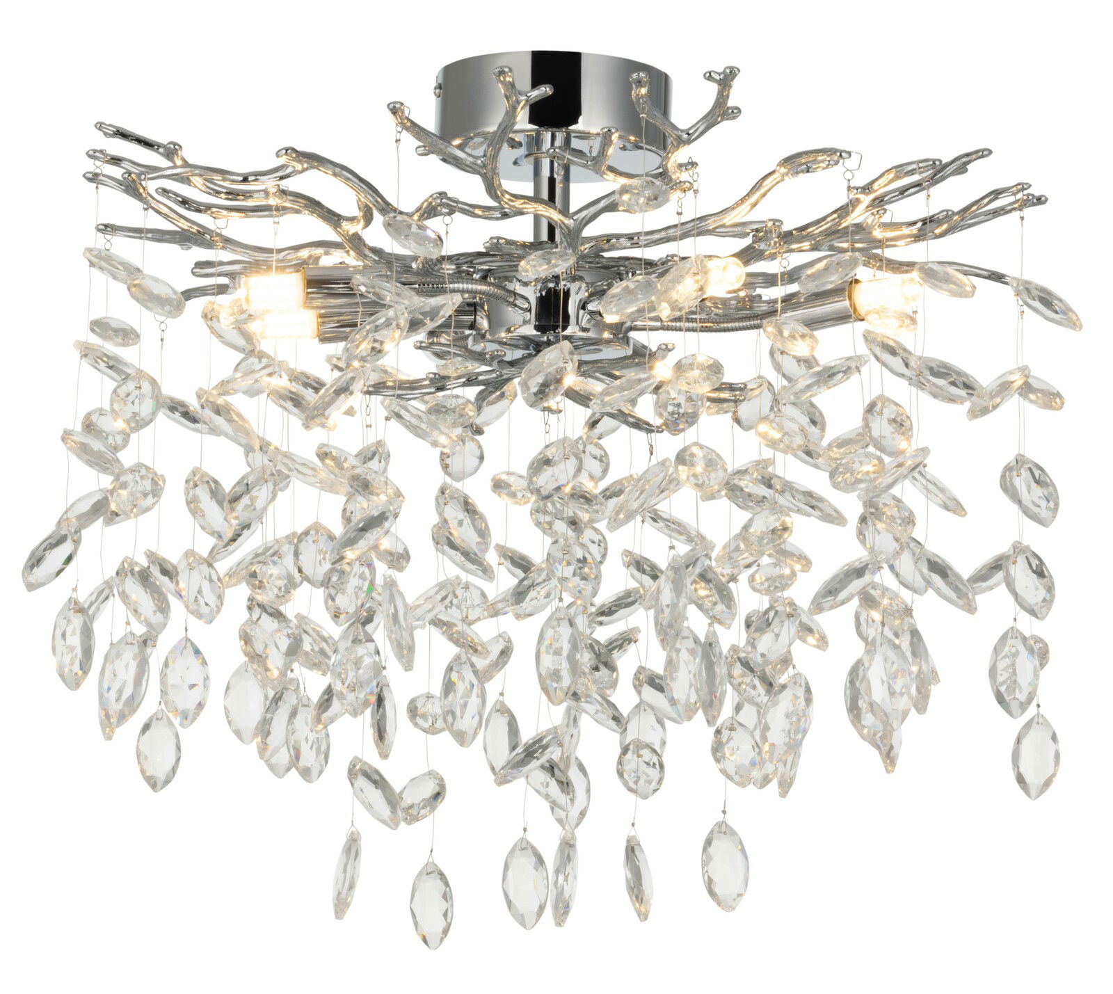 Moderne Deckenleuchte mit funkelnden Kristallen, seitliche Perspektive