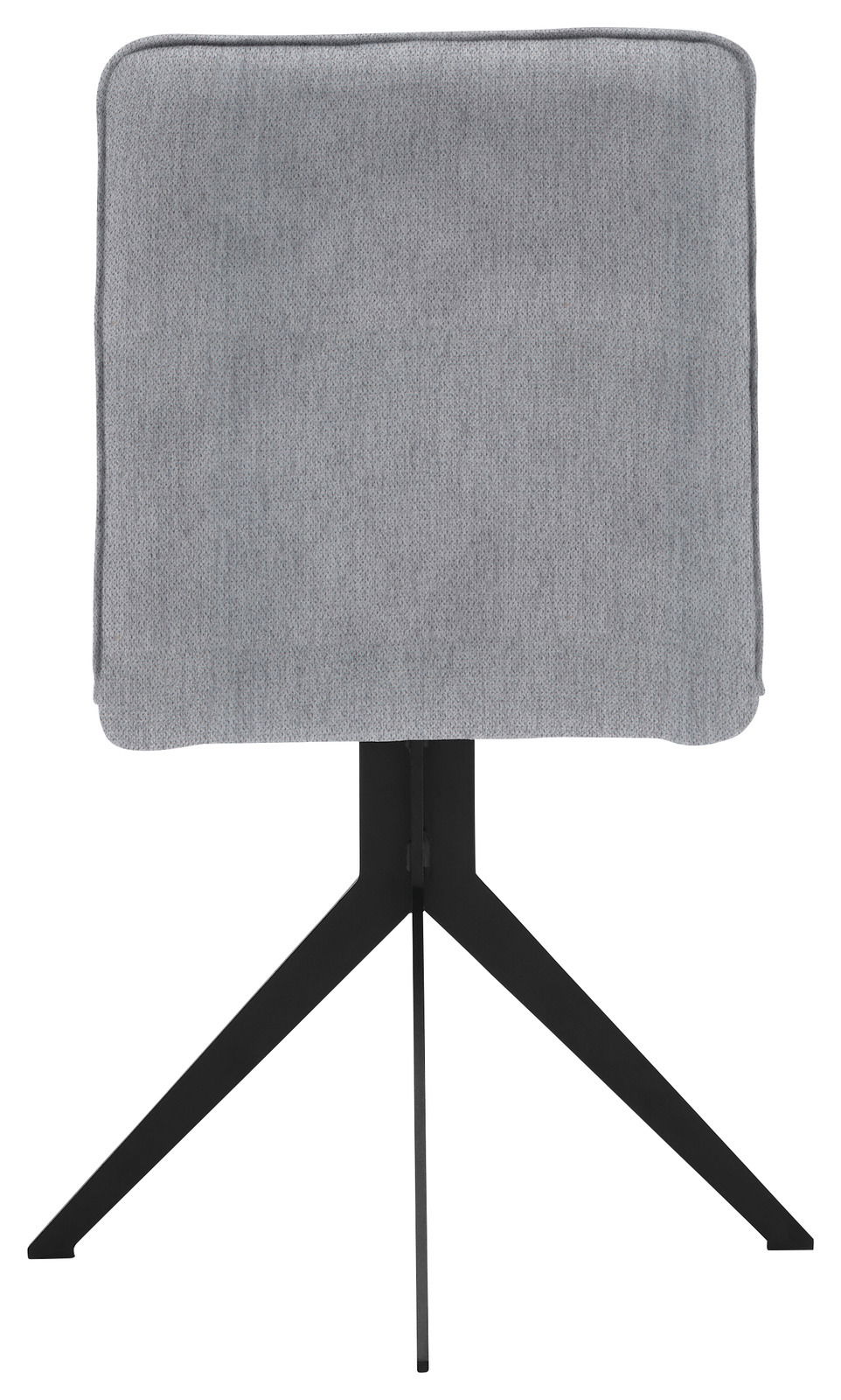 Rückansicht eines grauen Stuhls mit schwarzem Metallgestell