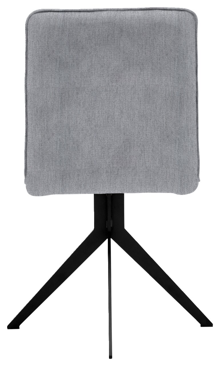 Rückansicht eines grauen Stuhls mit schwarzem Metallgestell