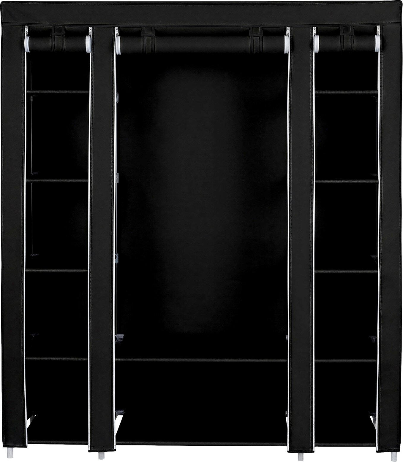 Schwarzer Stoff-Kleiderschrank mit Reißverschlussabdeckung, mittlerer Kleiderstange und seitlichen Regalfächern, frontal aus der Vorderansicht