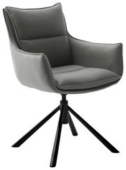 Grauer Sessel mit gepolstertem Sitz und Rückenlehne, auf schwarzem Metallgestell, seitliche Perspektive