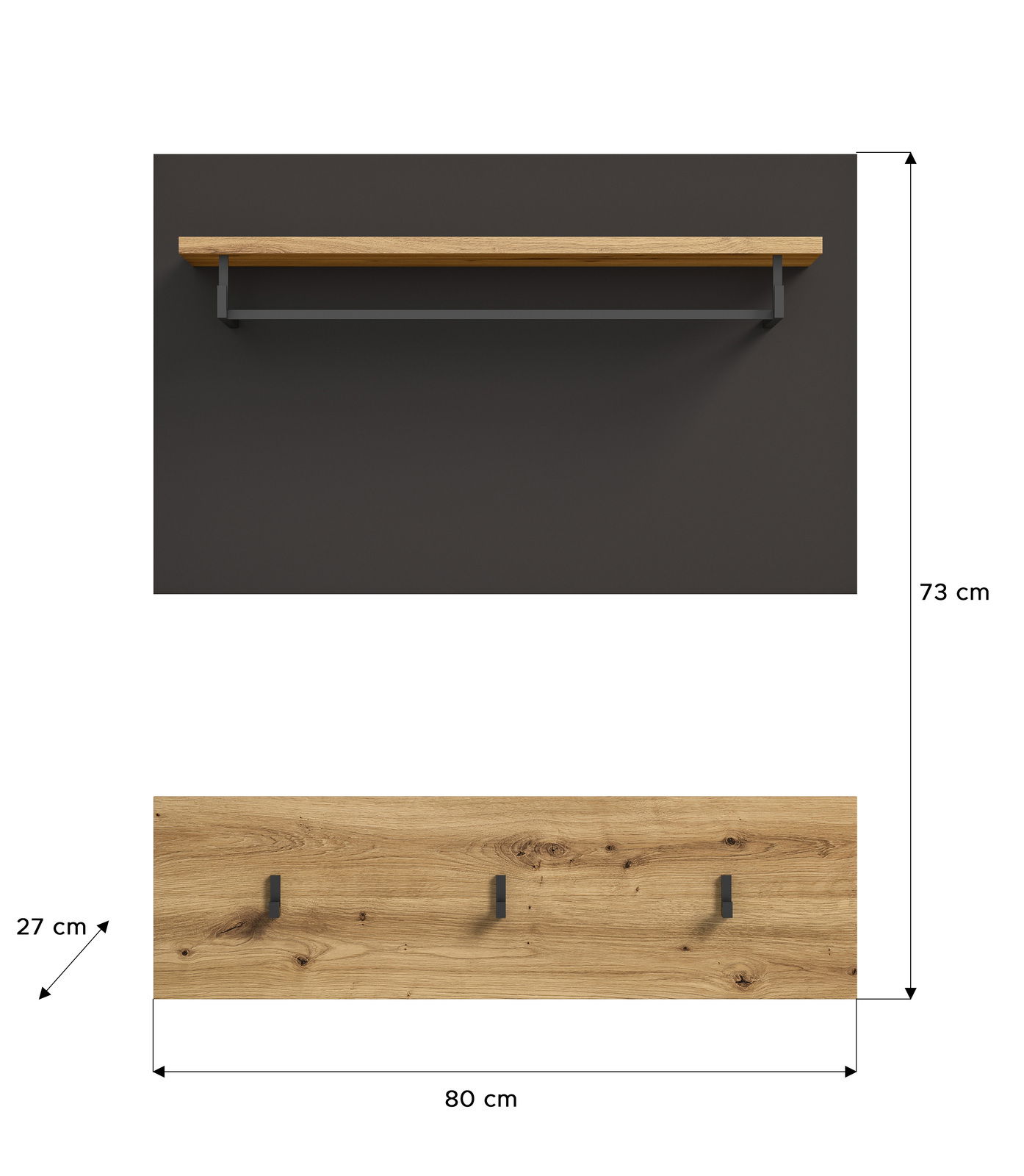 Garderobenpaneel aus Holz mit drei Haken und einer Ablage, Vorderansicht