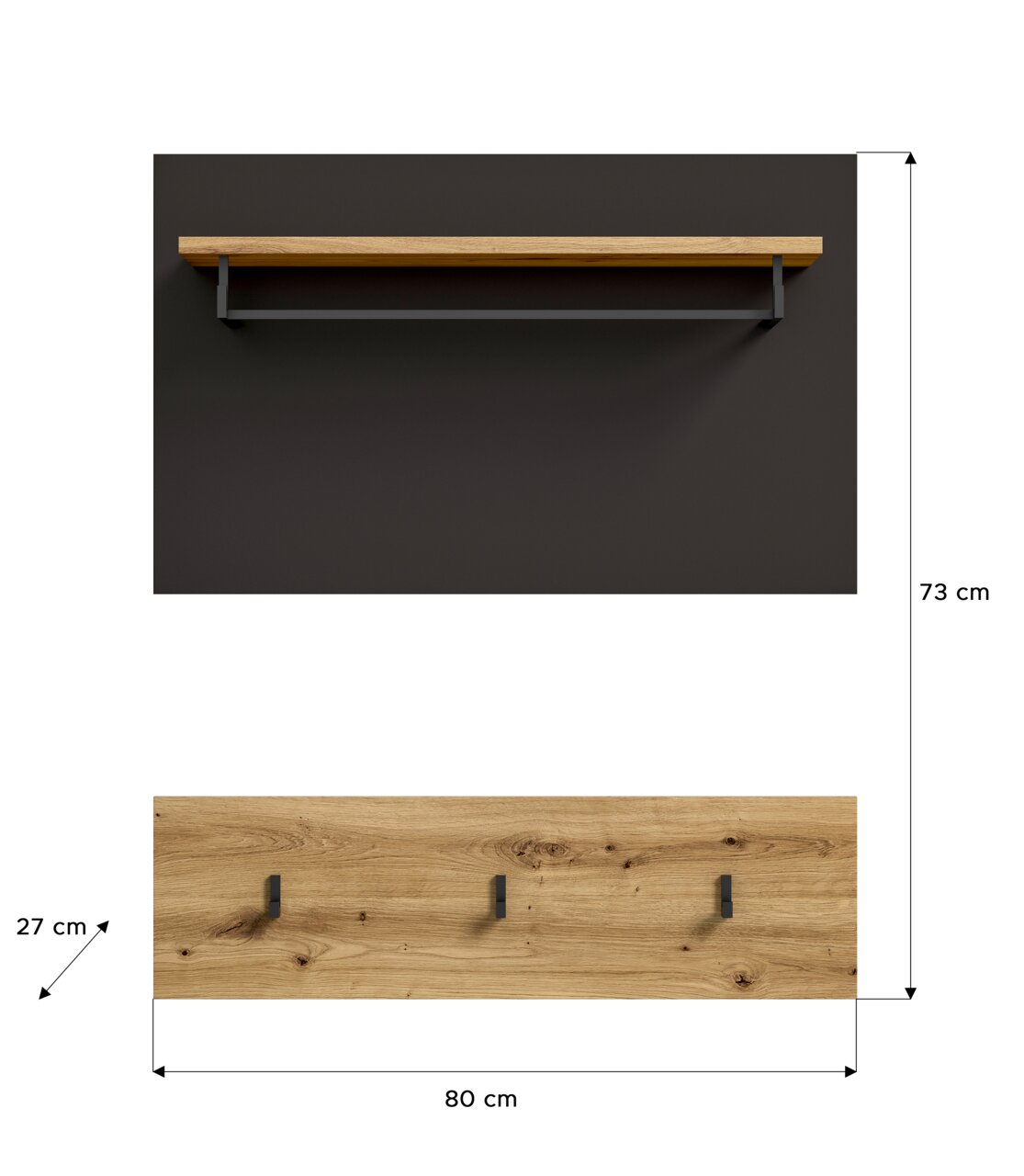 Garderobenpaneel aus Holz mit drei Haken und einer Ablage, Vorderansicht