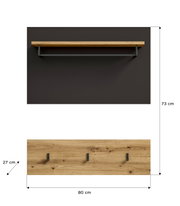 Garderobenpaneel aus Holz mit drei Haken und einer Ablage, Vorderansicht