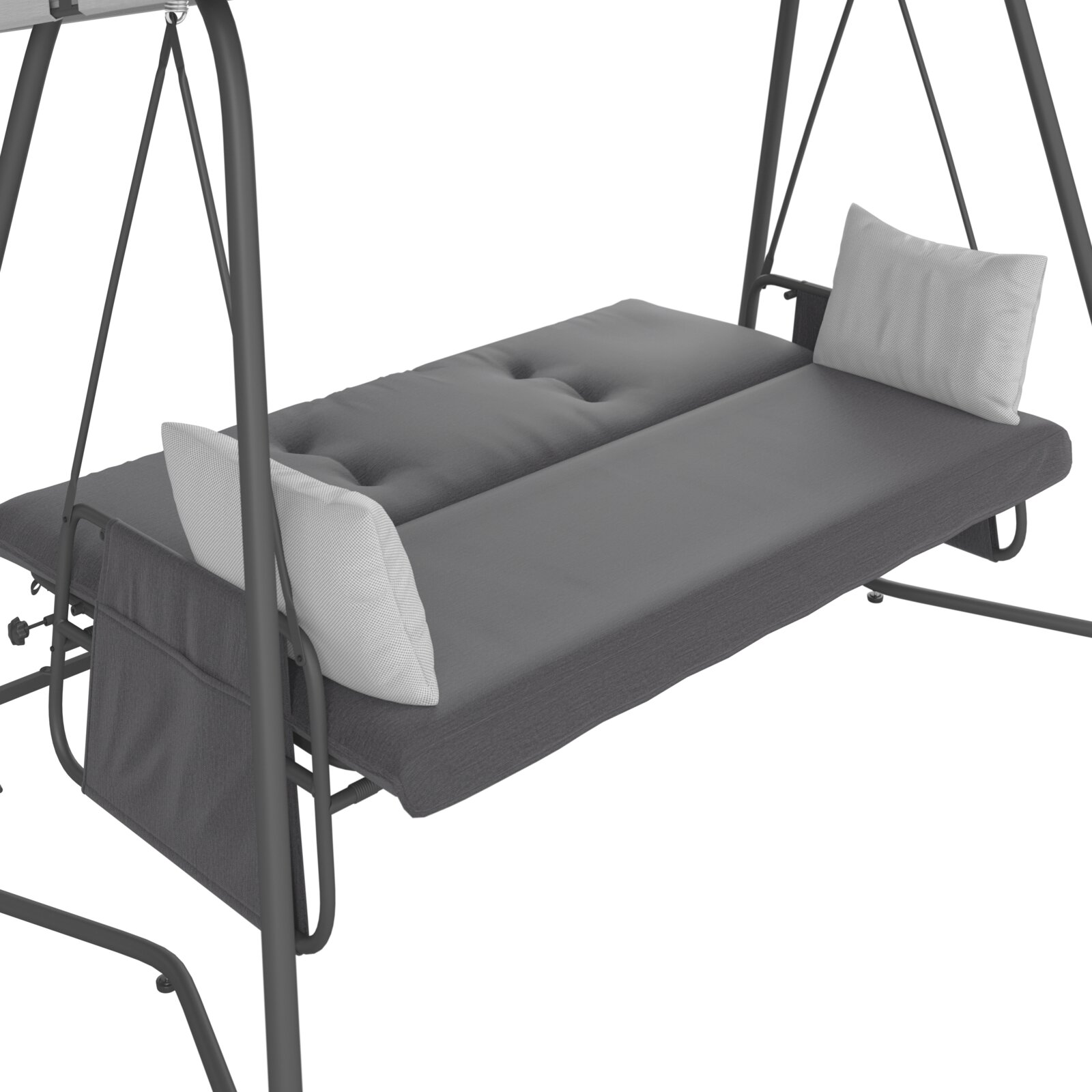 Gepolsterte Garten-Hollywoodschaukel mit Liegefläche, dunkelgrauer Auflage und zwei weißen Kissen, seitliche Ansicht in leichter Draufsicht.