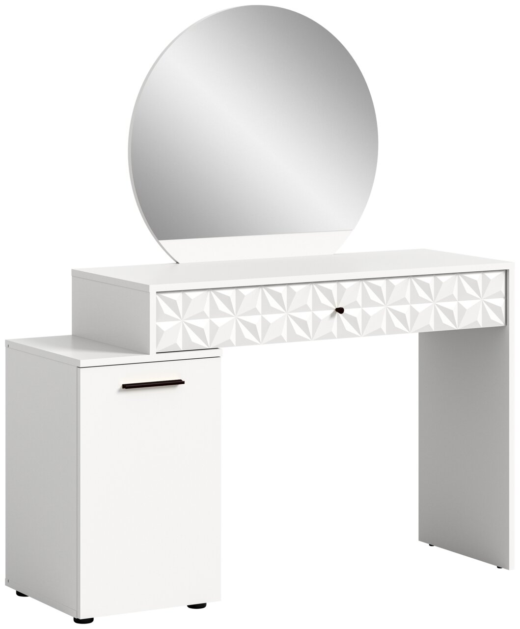 Weißer Schminktisch mit rundem Spiegel und geometrischem Muster auf der Schublade, seitliche Perspektive