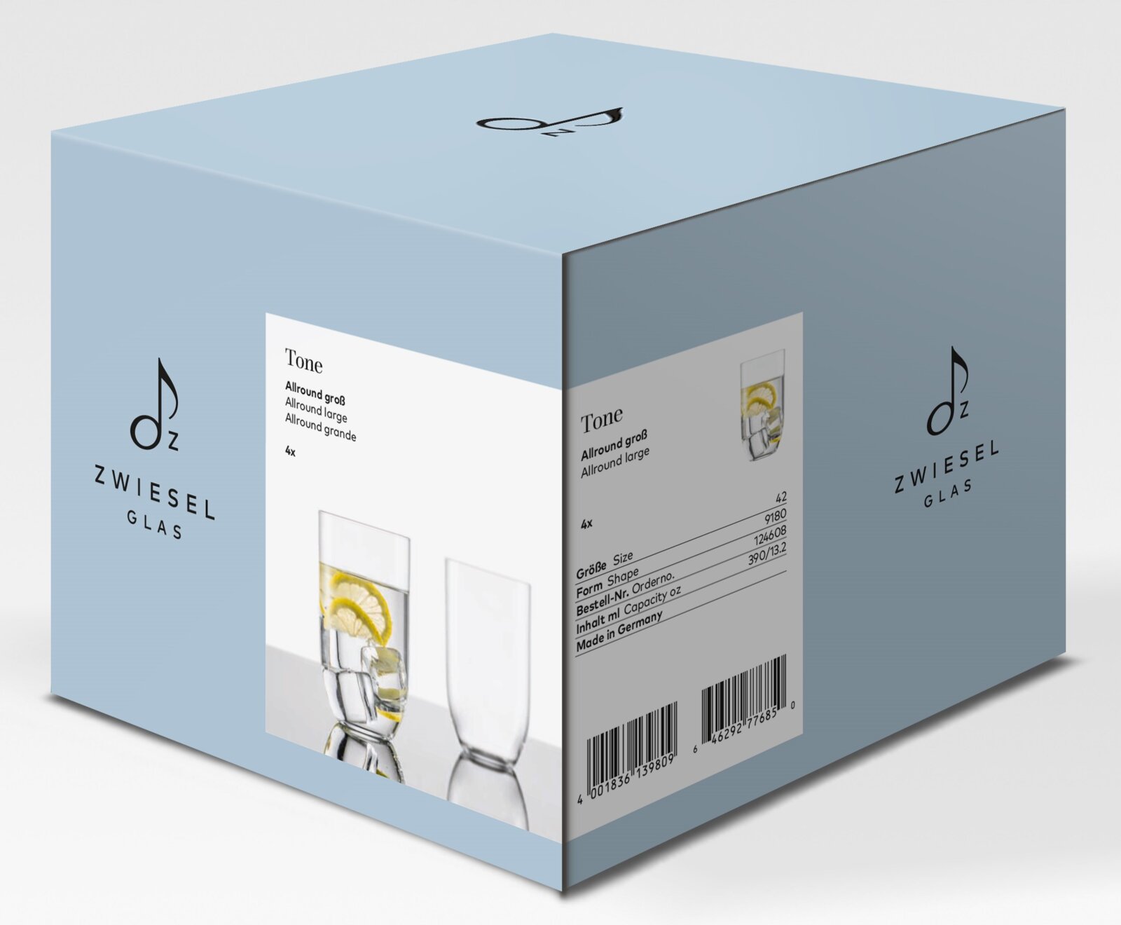 Hellblaue Verpackungsbox von Zwiesel Glas für „Tone“ Allround-Gläser (4er-Set), schräg von vorn/oben in 3/4-Perspektive mit sichtbarer Front- und Seitenfläche