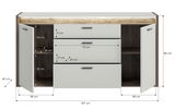 Frontale Ansicht eines modernen Sideboards mit zwei offenen Türen und drei Schubladen, Maße: 167 cm Breite, 86 cm Höhe, 40 cm Tiefe.