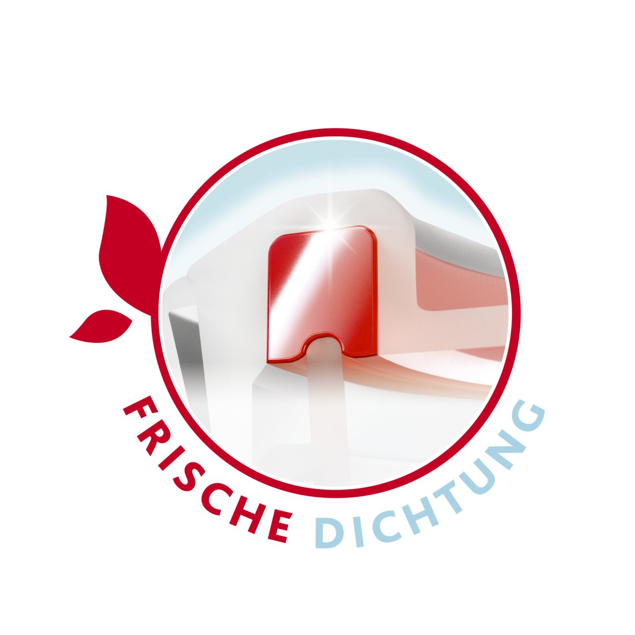 Nahaufnahme eines Glasbehälters mit rotem Dichtungsmechanismus, perspektivisch von oben.
