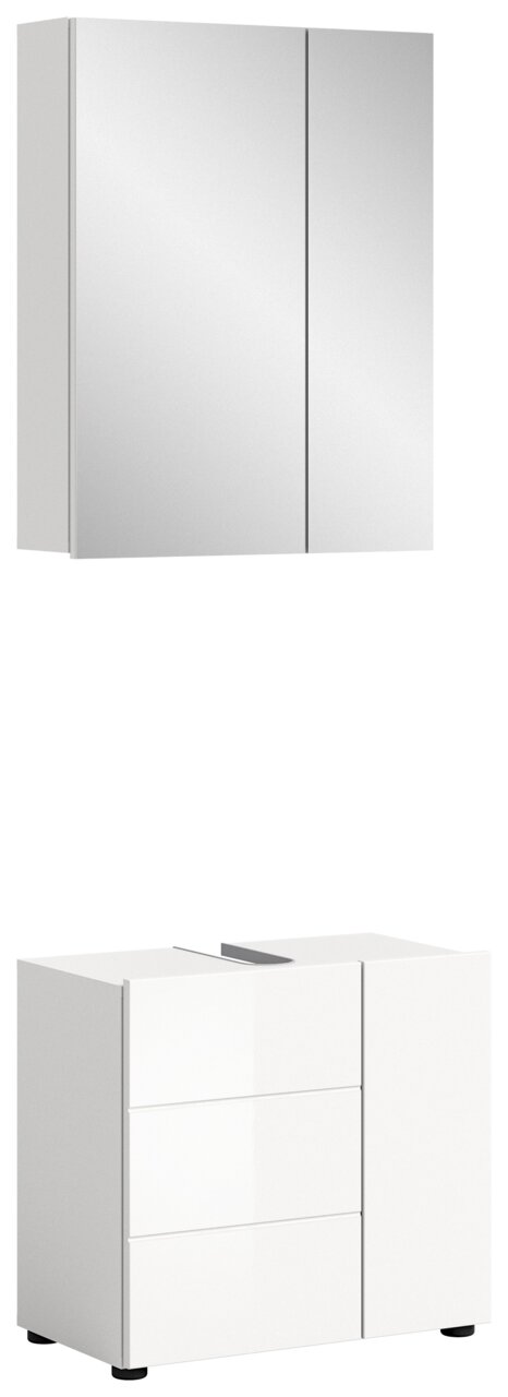 Badezimmerschrank-Kombination mit Spiegelschrank und Unterschrank in weißer Hochglanzoptik, Frontalansicht