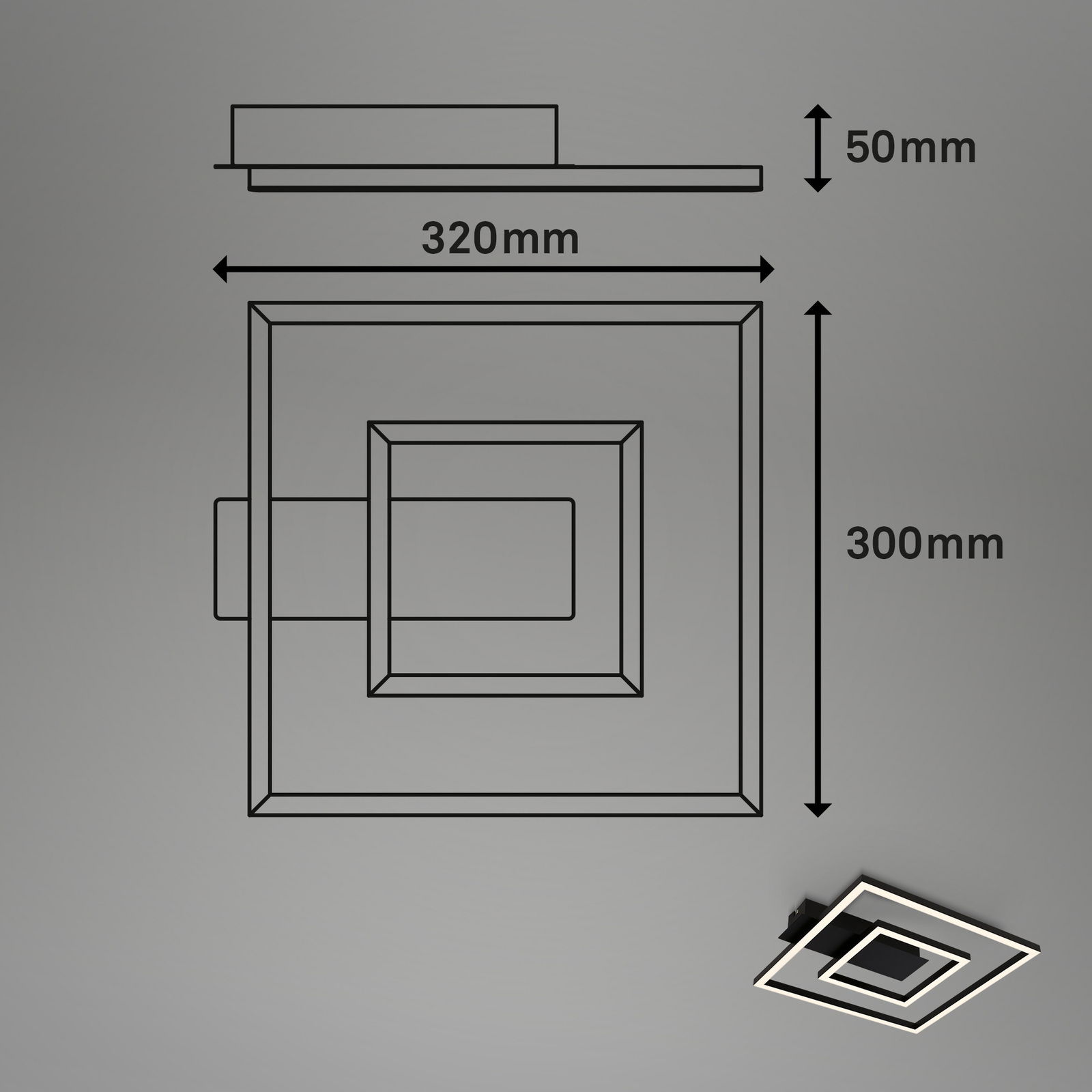 LED Deckenleuchte in Schwarz, quadratisches Design, Maße 320mm x 300mm x 50mm, Seiten- und Draufsicht