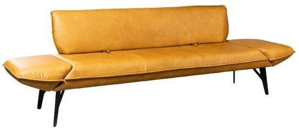 Modernes, senfgelbes Sofa mit schlanken schwarzen Beinen, seitliche Perspektive