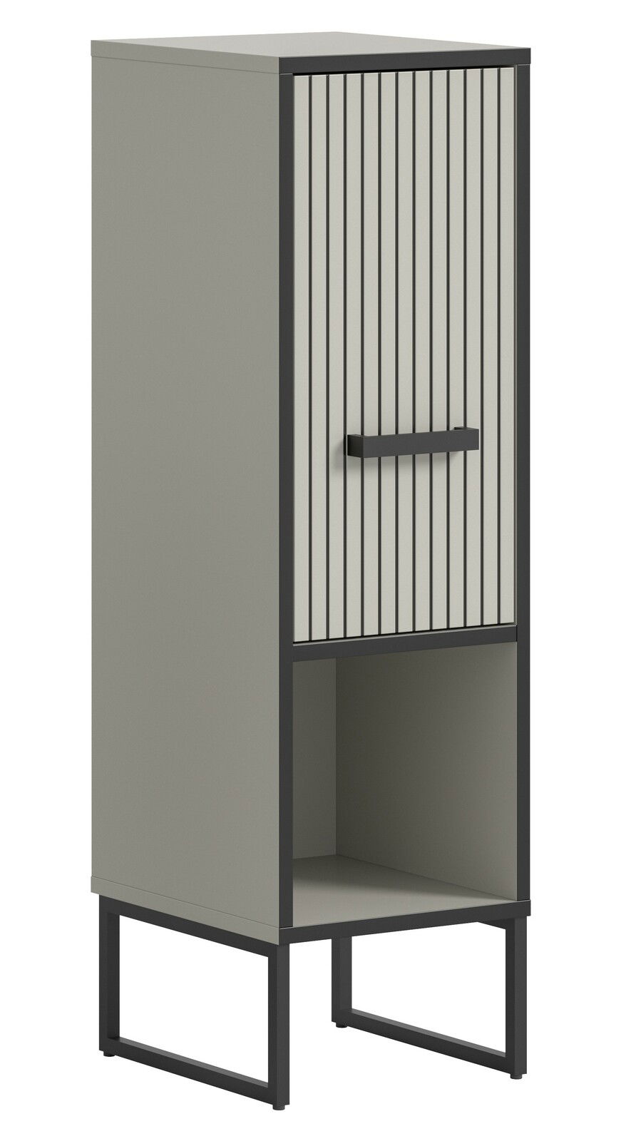 MID.YOU Standschrank BAGNO Moderner Standschrank mit vertikalen Streifen auf der Tür, grauer Korpus und schwarzer Rahmen, seitliche Perspektive