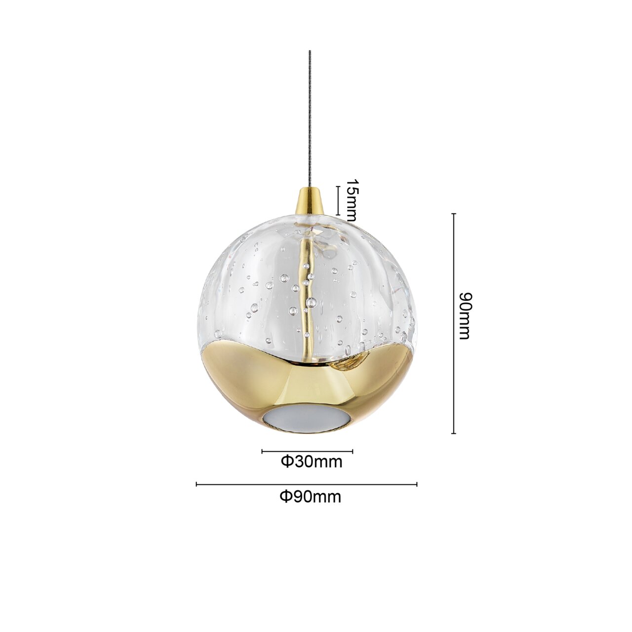 LED-Hängeleuchte mit goldener und transparenter Kugel, seitliche Perspektive