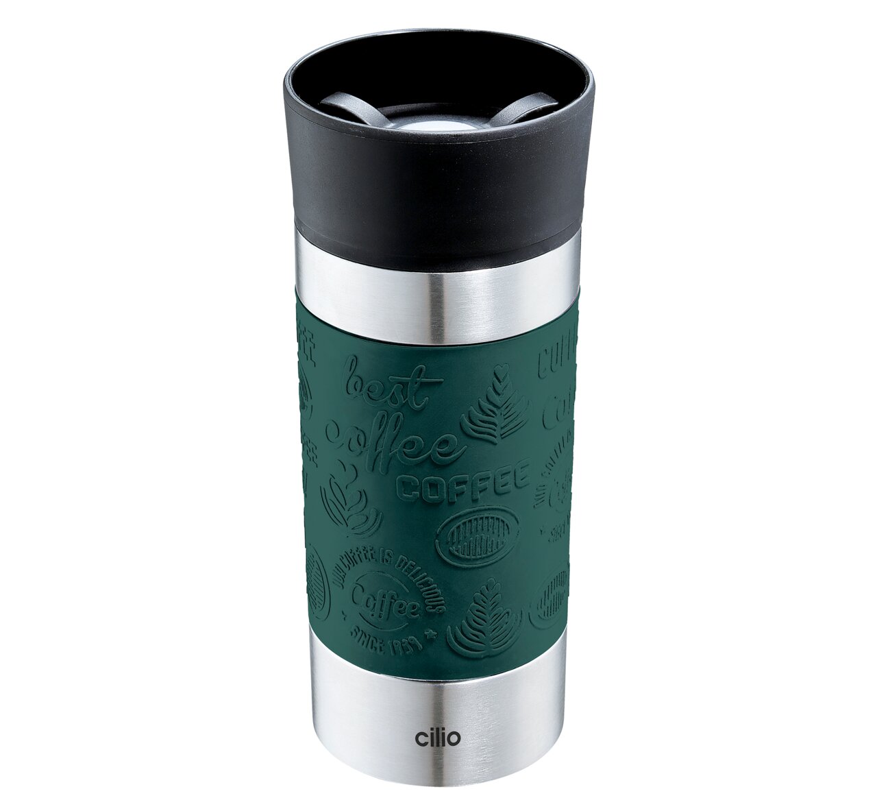 Grüner Isoliertrinkbecher 360ml mit schwarzem Deckel und Edelstahlakzenten, Vorderansicht