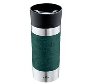 Grüner Isoliertrinkbecher 360ml mit schwarzem Deckel und Edelstahlakzenten, Vorderansicht
