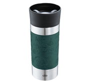 Grüner Isoliertrinkbecher 360ml mit schwarzem Deckel und Edelstahlakzenten, Vorderansicht