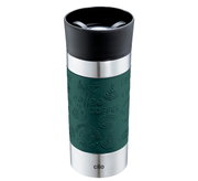 Grüner Isoliertrinkbecher 360ml mit schwarzem Deckel und Edelstahlakzenten, Vorderansicht