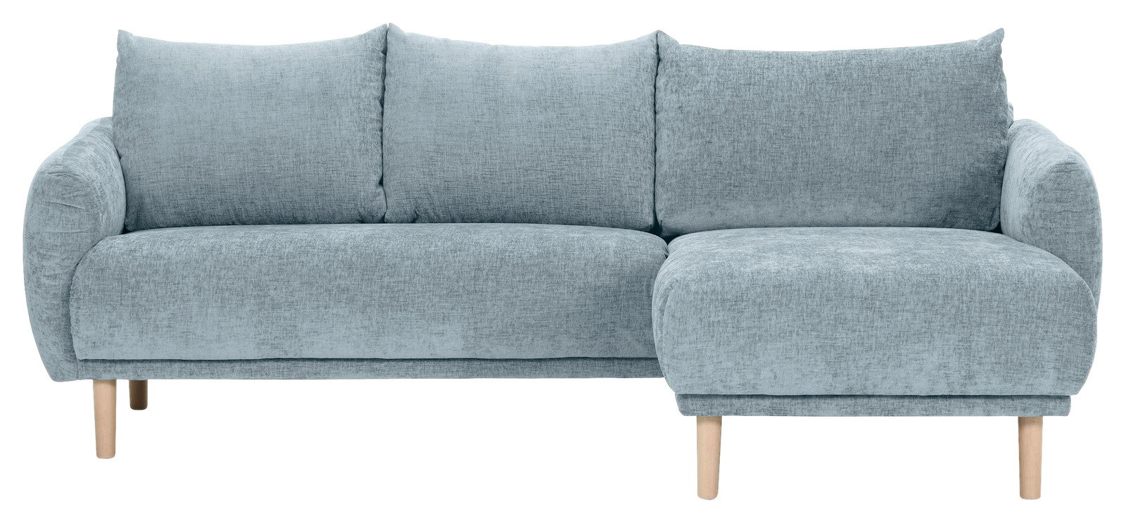 Frontale Ansicht eines modernen, hellblauen Ecksofas mit Holzbeinen und weichen Kissen.
