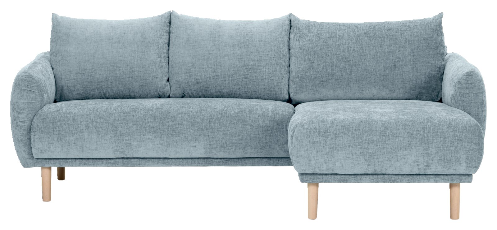 Vooraanzicht van een moderne, lichtblauwe hoekbank met houten poten en zachte kussens.