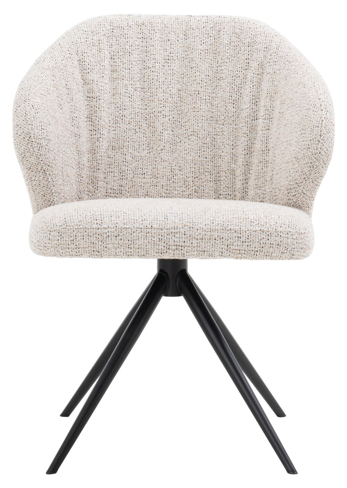 Vorderansicht eines modernen Armlehnstuhls mit hellem Stoffbezug und schwarzen Metallbeinen.