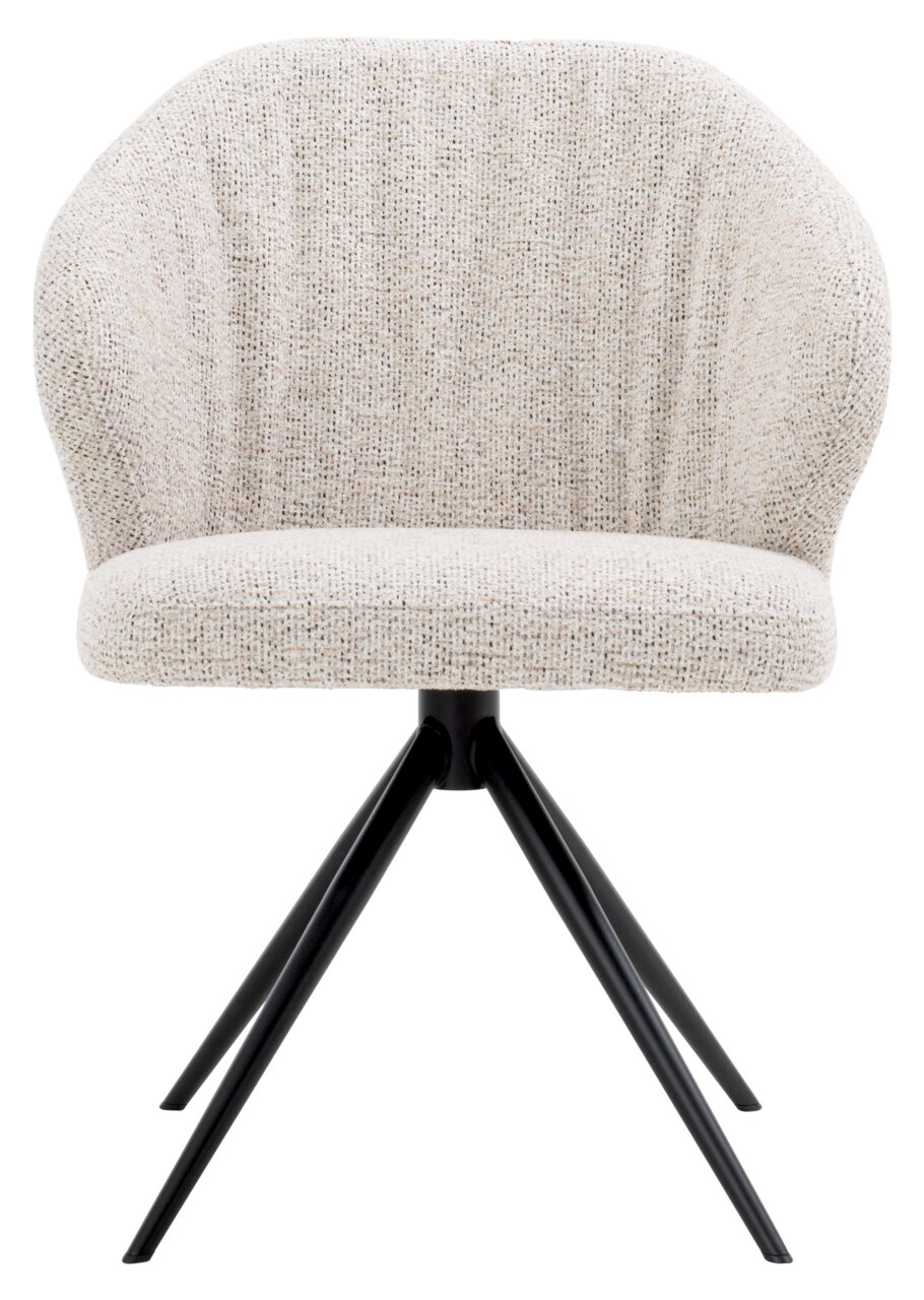 Vorderansicht eines modernen Armlehnstuhls mit hellem Stoffbezug und schwarzen Metallbeinen.