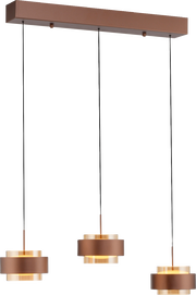 Moderne LED-Hängeleuchte mit drei runden, braunen Lampenschirmen, aufgehängt an einem rechteckigen Deckenbalken. Seitenansicht.
