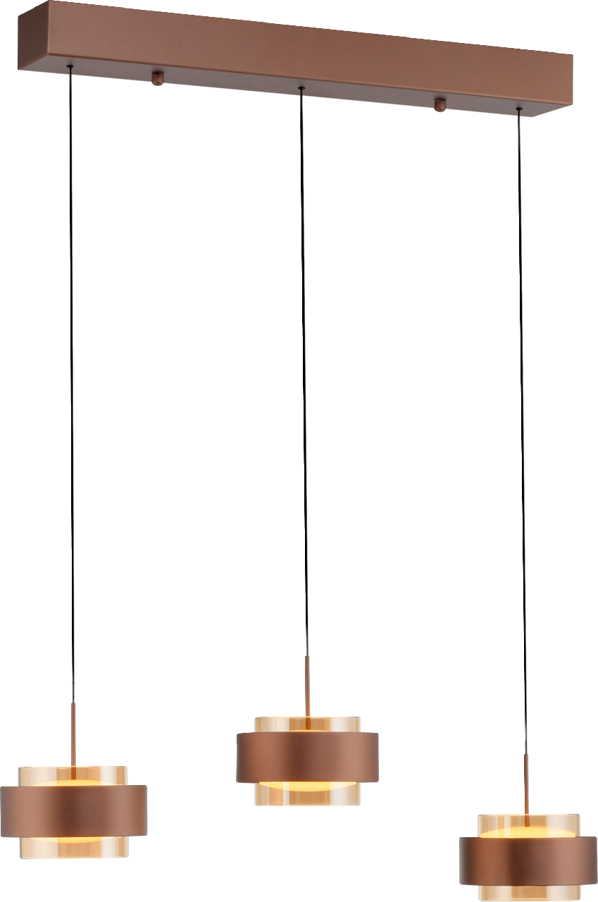 Moderne LED-Hängeleuchte mit drei runden, braunen Lampenschirmen, aufgehängt an einem rechteckigen Deckenbalken. Seitenansicht.