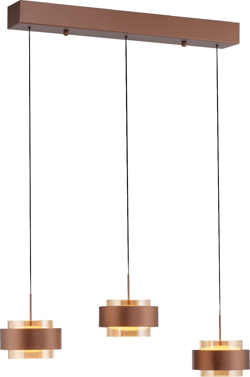 Paul Neuhaus LED-Hängeleuchte ABBY Moderne LED-Hängeleuchte mit drei runden, braunen Lampenschirmen, aufgehängt an einem rechteckigen Deckenbalken. Seitenansicht.