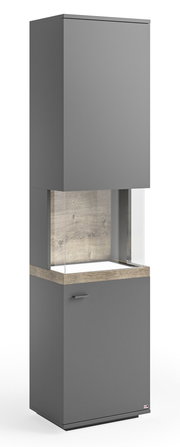 Moderne Vitrine in Grau mit Holzdetails, Frontalansicht