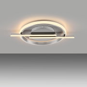 Moderne LED-Deckenleuchte in silberner Optik, von unten betrachtet, mit kreisförmigem und linearem Design.