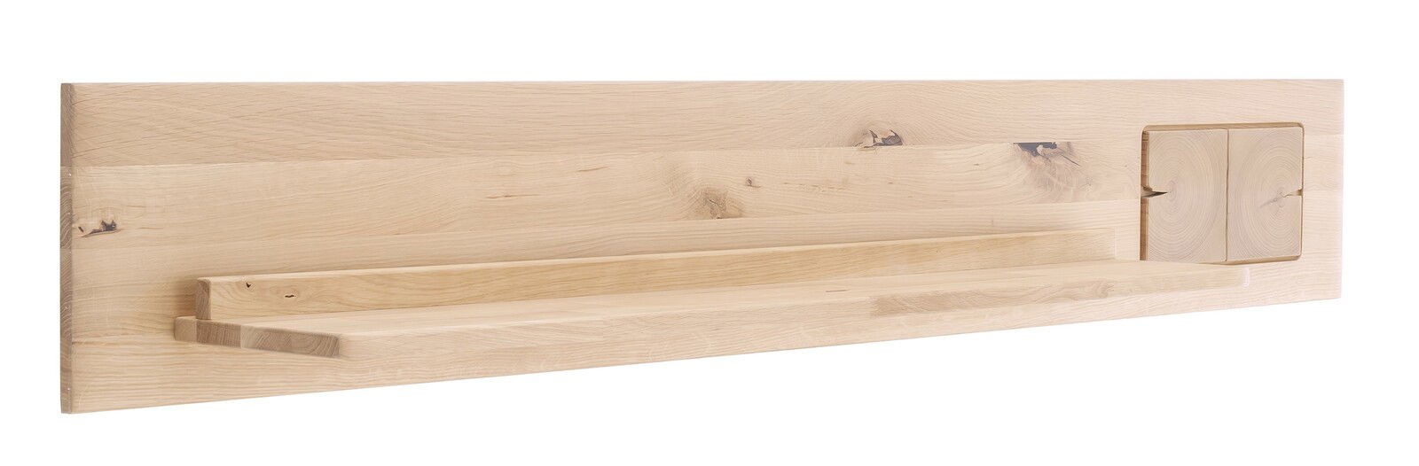 Holz-Wandboard mit natürlicher Maserung und integriertem Regal, seitliche Perspektive