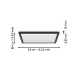 LED-Deckenleuchte ROVITO-R in rechteckiger Form, seitliche Perspektive, Maße 39 cm x 39 cm x 2,95 cm.